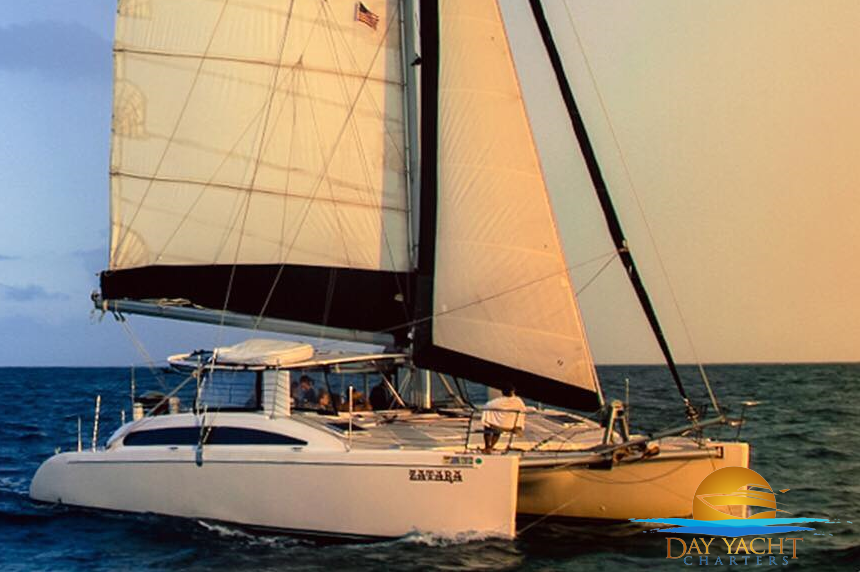 Private yacht with guests relaxing on the sundeck, luxury yacht charter Puerto Rico